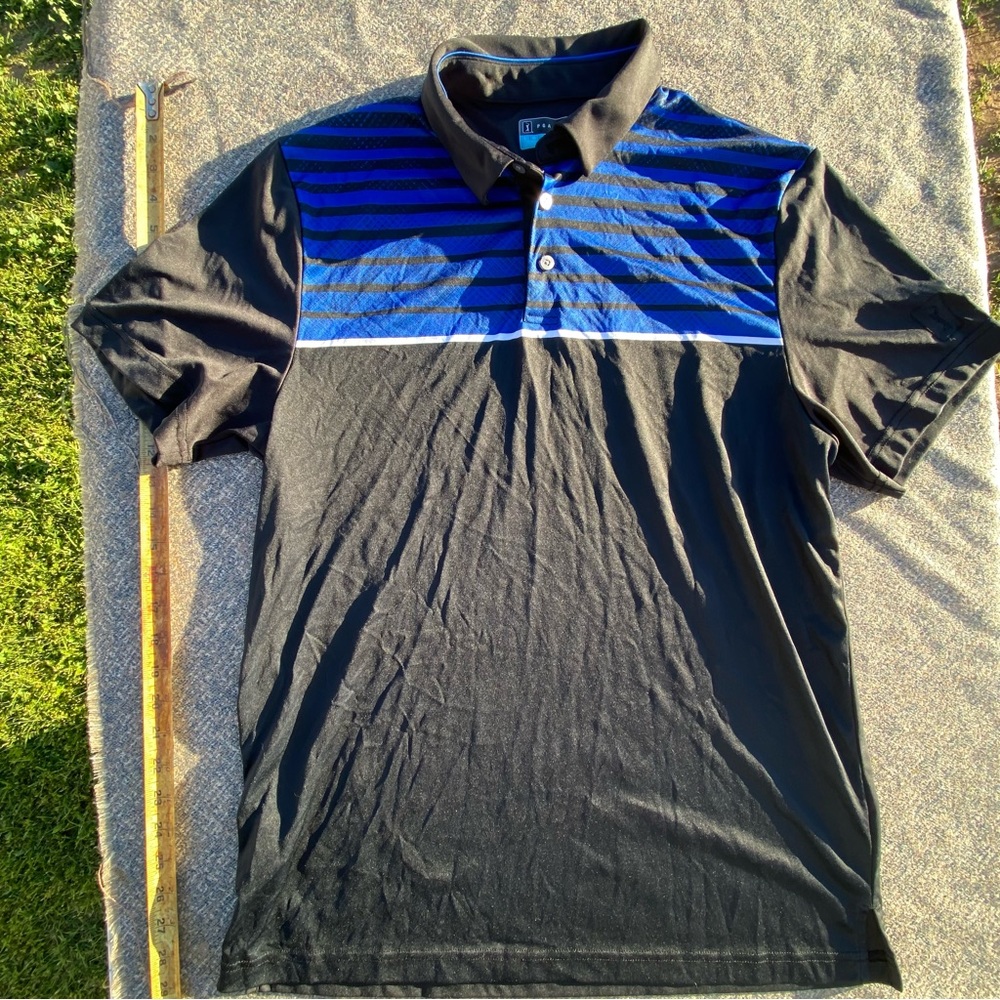 PGA Tour Polo Pro Series Athletic Fit size L Large Blue Black Stripes Colorblock
